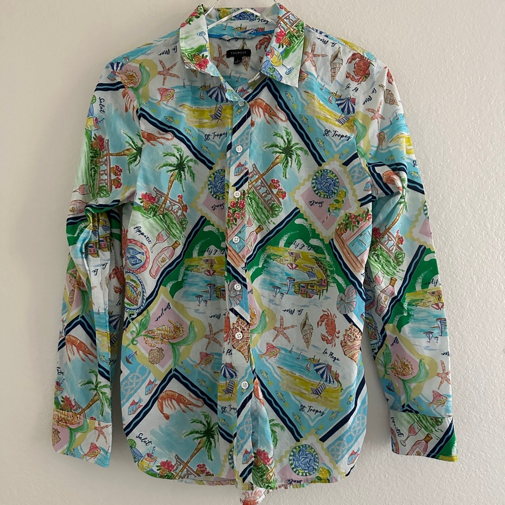 Talbots Button Down Shirt Womens L Multi St. Tropez Coastal Beach Cotton Top